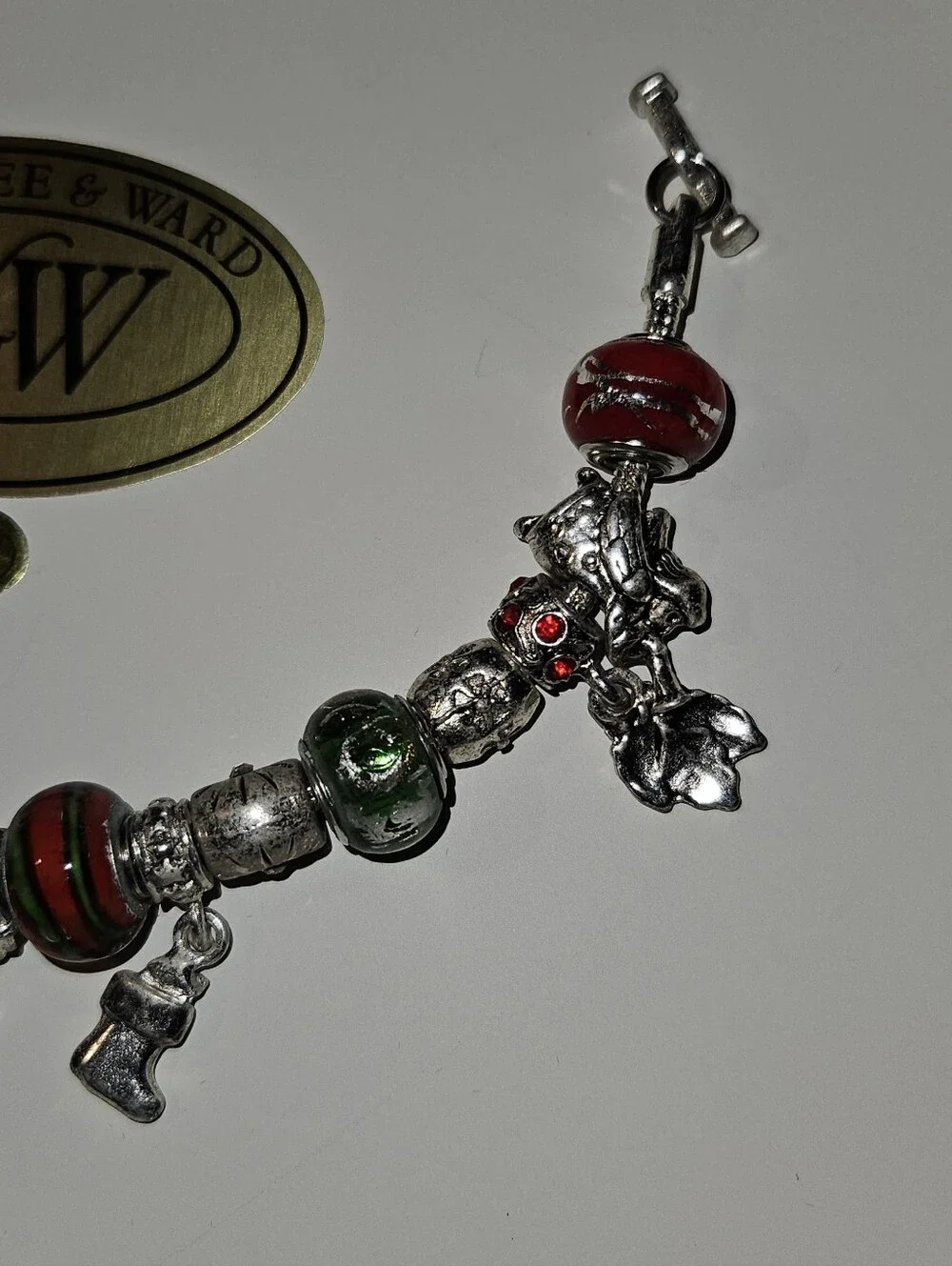 December Christmas Holiday Silver Tone Charm Bracelet with Red & Green